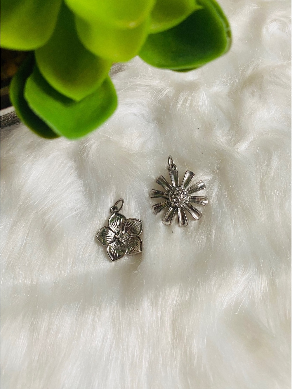 Set of Two Silver Tone Floral Charms Pendants